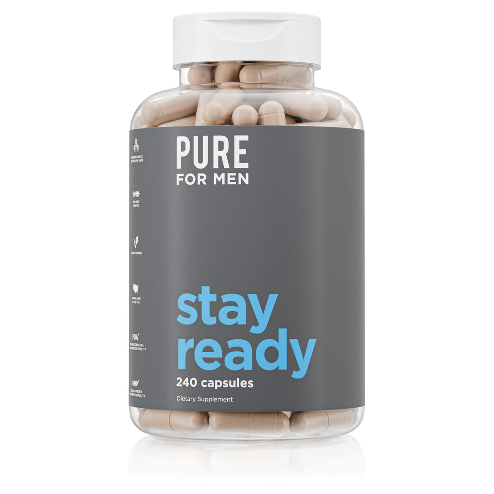 Pure for Men Stay Ready Fiber bottle close-up, highlighting plant-based cleansing support.