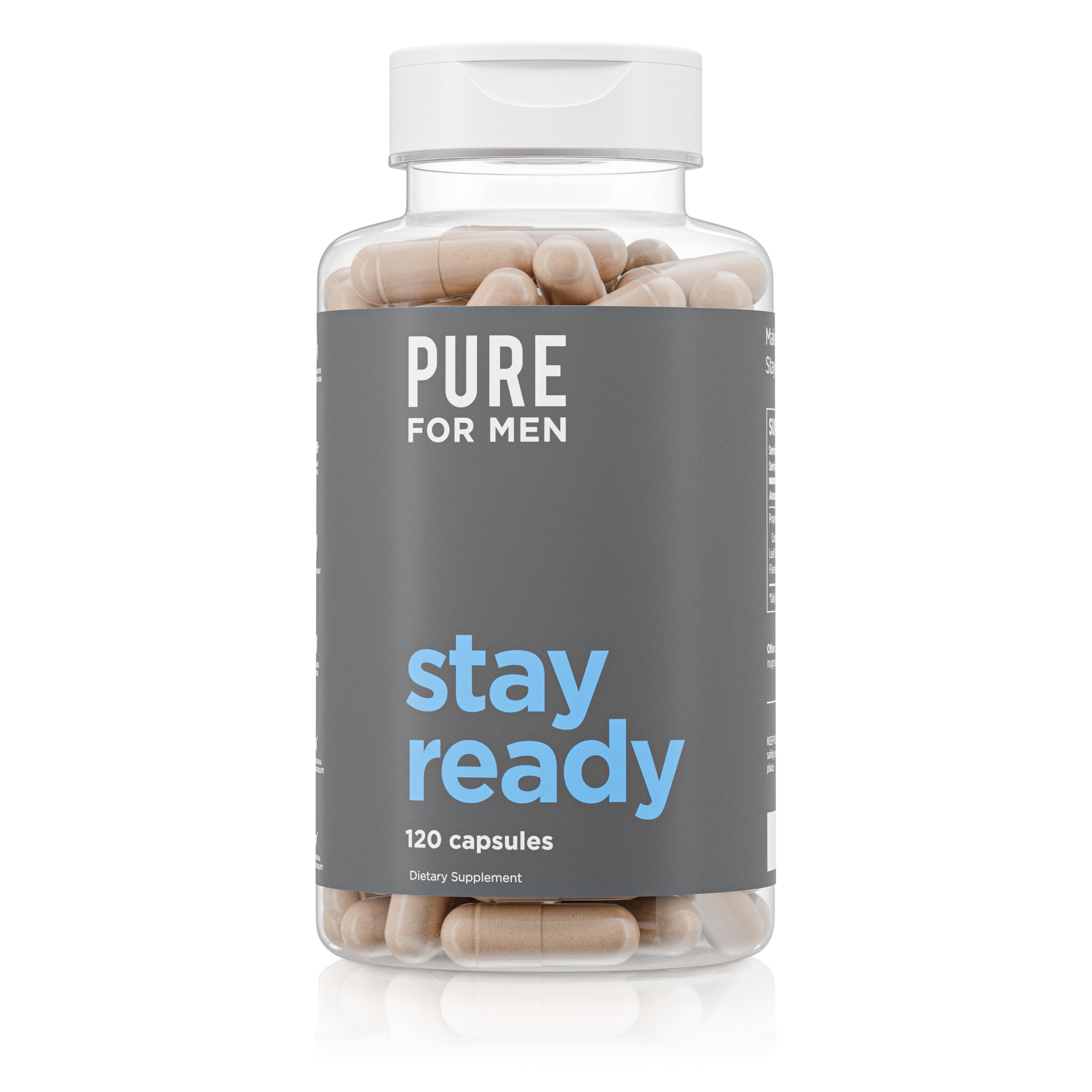 Pure for Men Stay Ready Fiber capsules in bottle promote daily digestive regularity