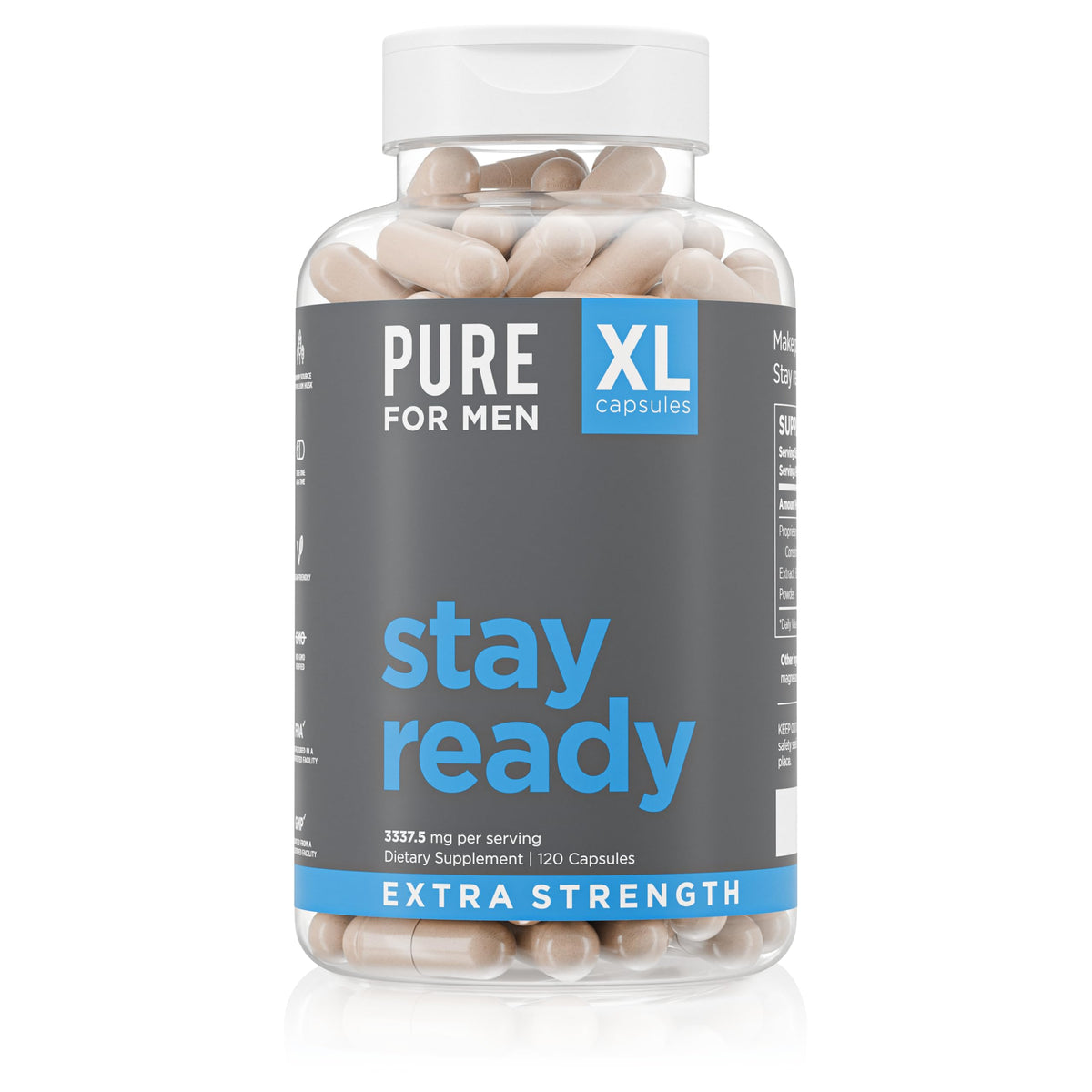 Pure for Men Stay Ready Fiber extra-strength bottle showing plant-based digestive support
