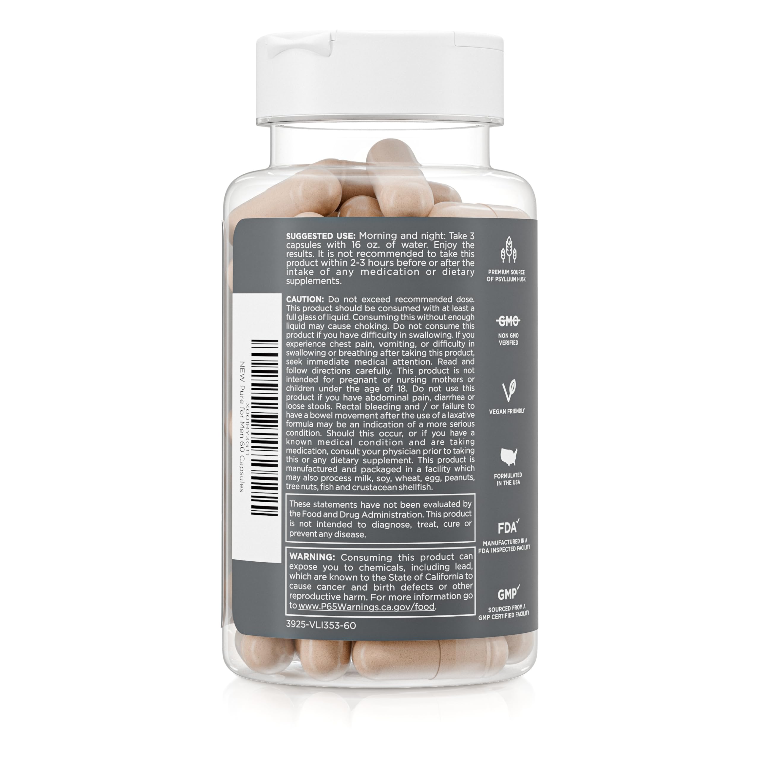Pure for Men Stay Ready Fiber label closeup highlights vegan, plant-based ingredient lineup.