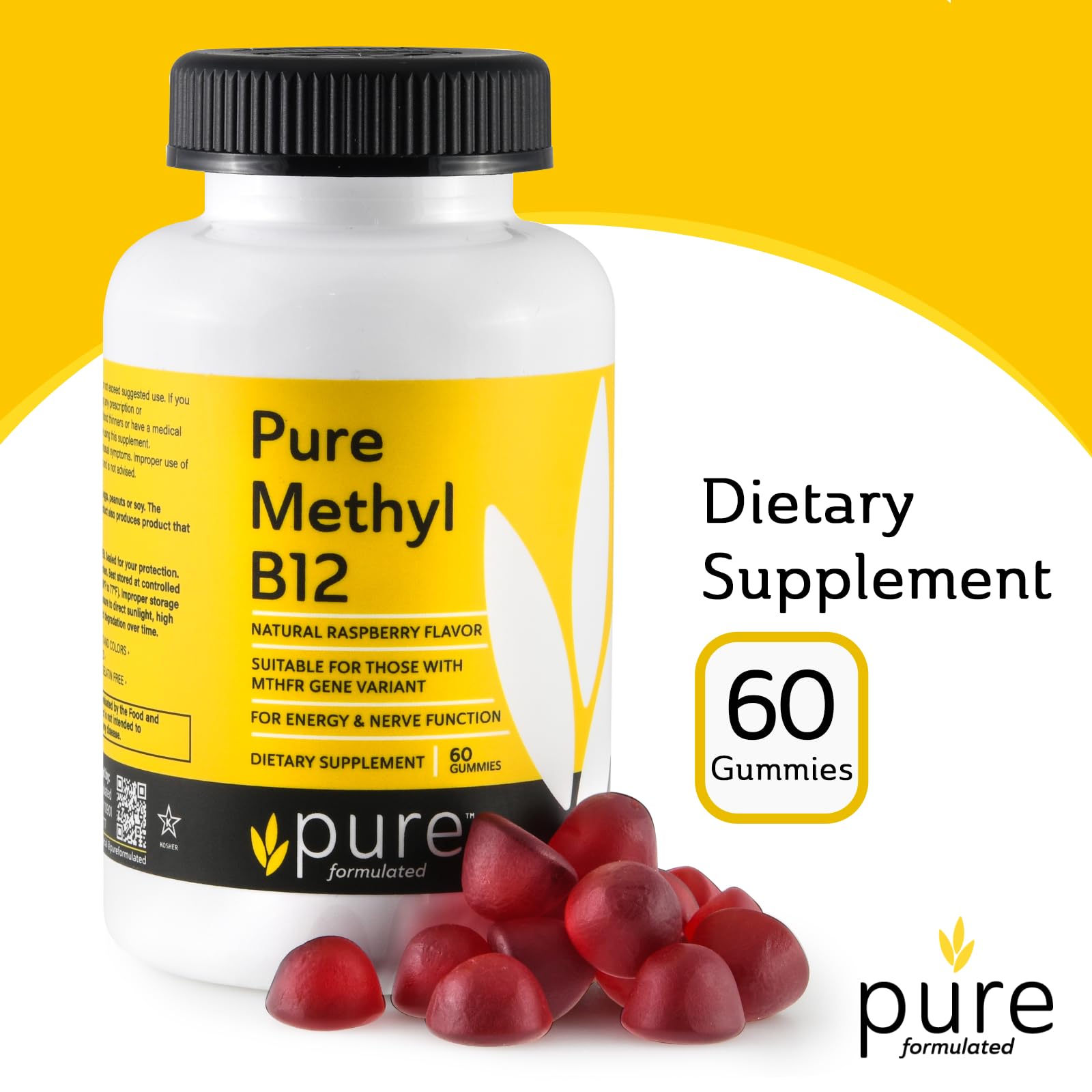 Pure Formulated Methyl B12 gummies close-up of raspberry-chews for daily energy