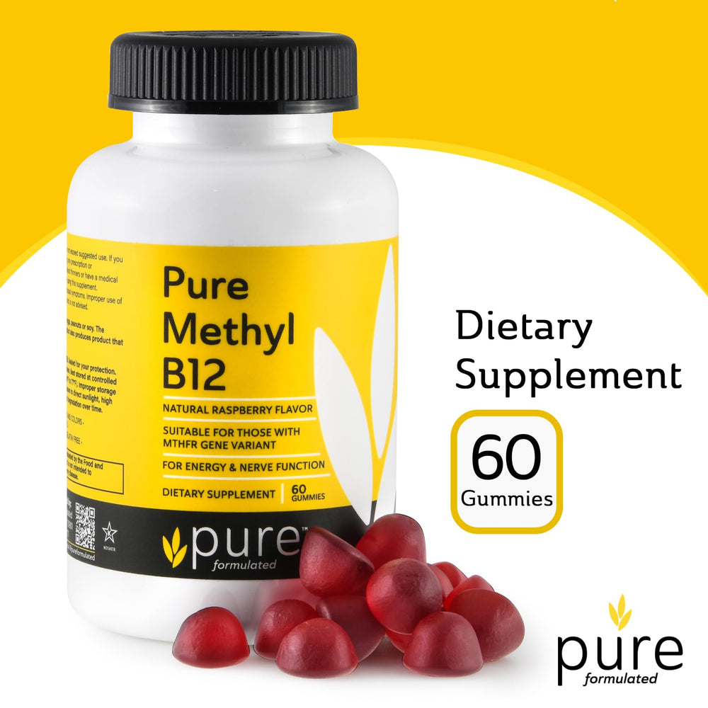 Pure Formulated Methyl B12 gummies close-up of raspberry-chews for daily energy