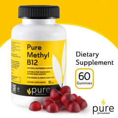 Pure Formulated Methyl B12 gummies close-up of raspberry-chews for daily energy