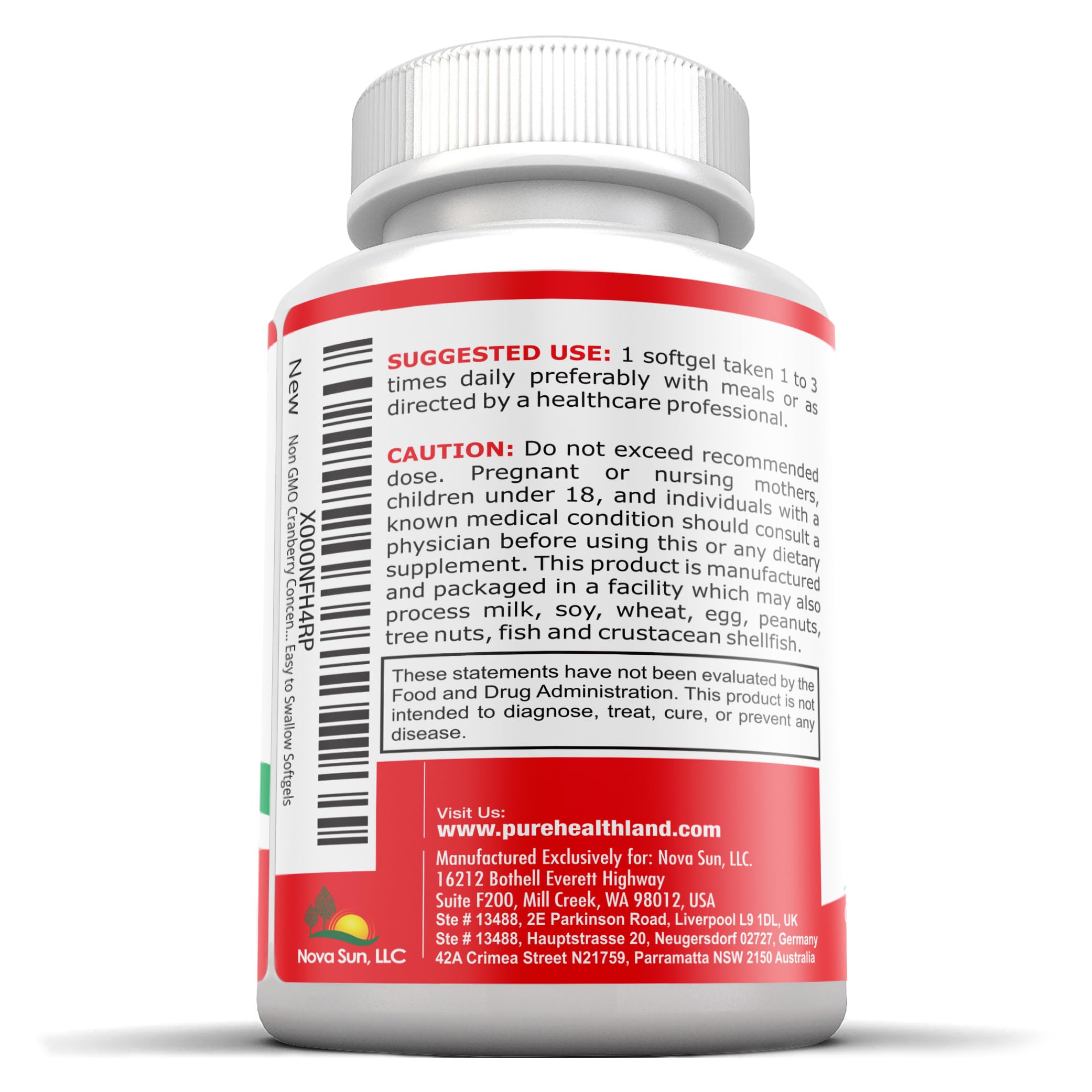 Pure Healthland cranberry bottle shows 50:1 extract for triple-strength