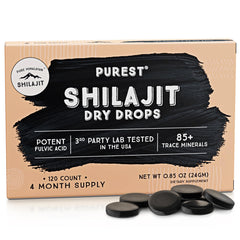Pure Himalayan Shilajit Dry Drops bottle front for natural energy and mineral richness.