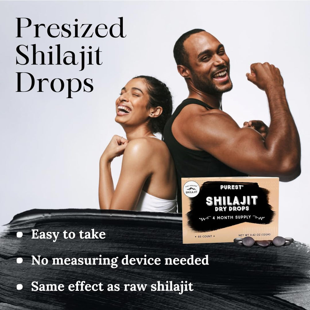 Pure Himalayan Shilajit Dry Drops on glass highlighting 85+ minerals and fulvic acid.