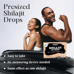 Pure Himalayan Shilajit Dry Drops on glass highlighting 85+ minerals and fulvic acid.