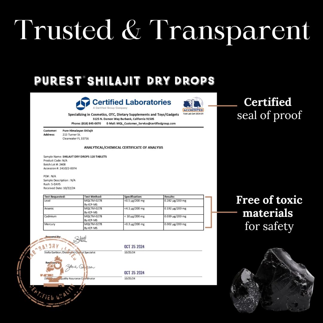 Pure Himalayan Shilajit Dry Drops foil packaging emphasizes purity and testing.