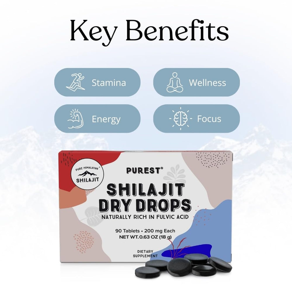 Pure Himalayan Shilajit Dry Drops packaging highlighting high-altitude sourcing and potency