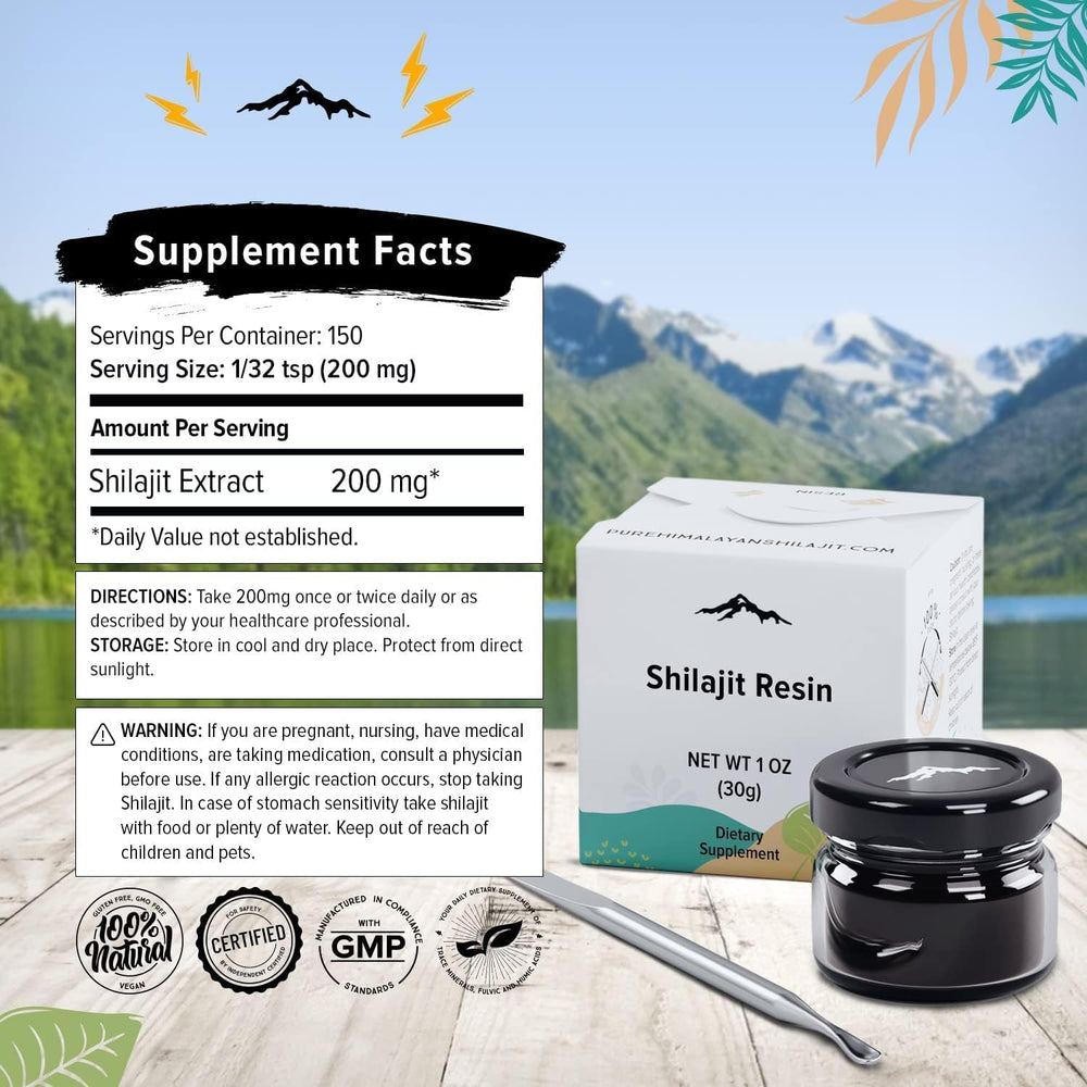 Pure Himalayan Shilajit ingredients label and packaging detail.