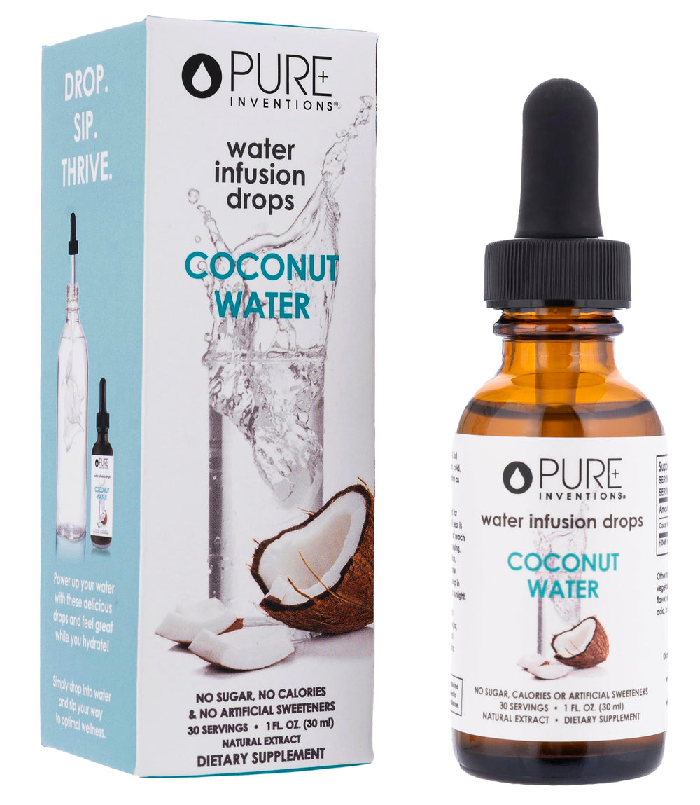 Pure Inventions Coconut Water Drops bottle ready for daily hydration.