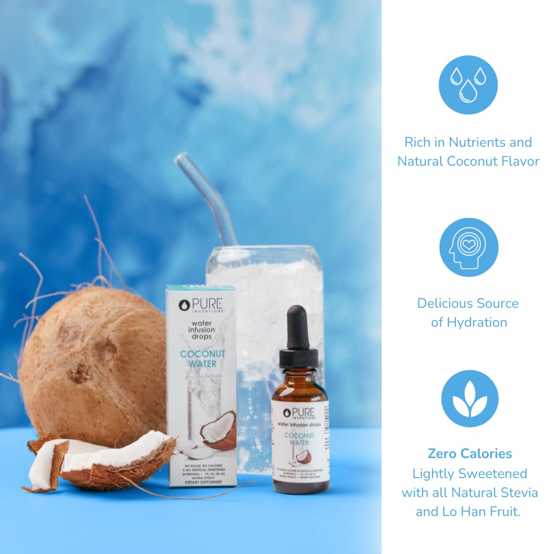 Pour Pure Inventions Coconut Water Drops into water for flavor.