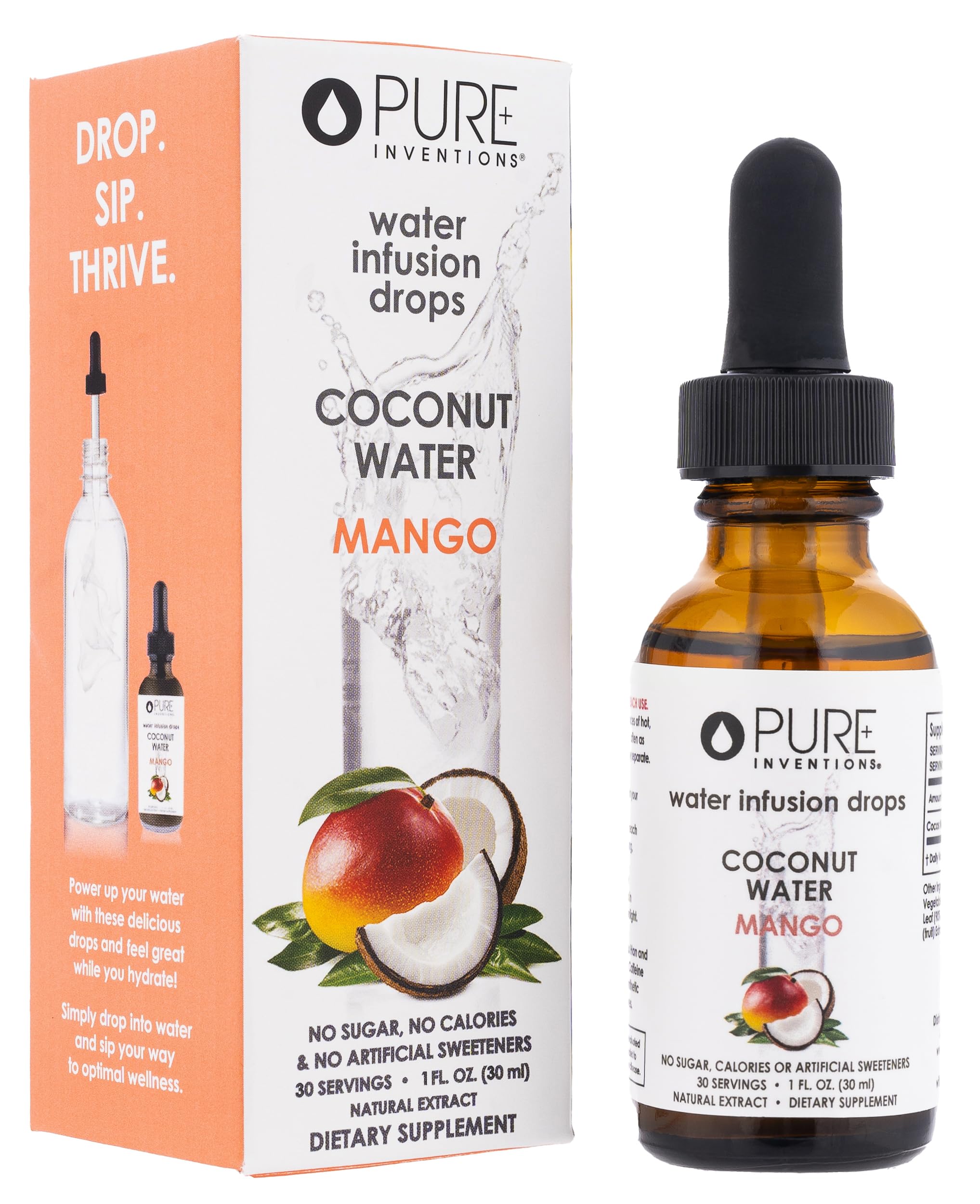 Pure Inventions Coconut Water Mango Coconut bottle shows premium glass packaging