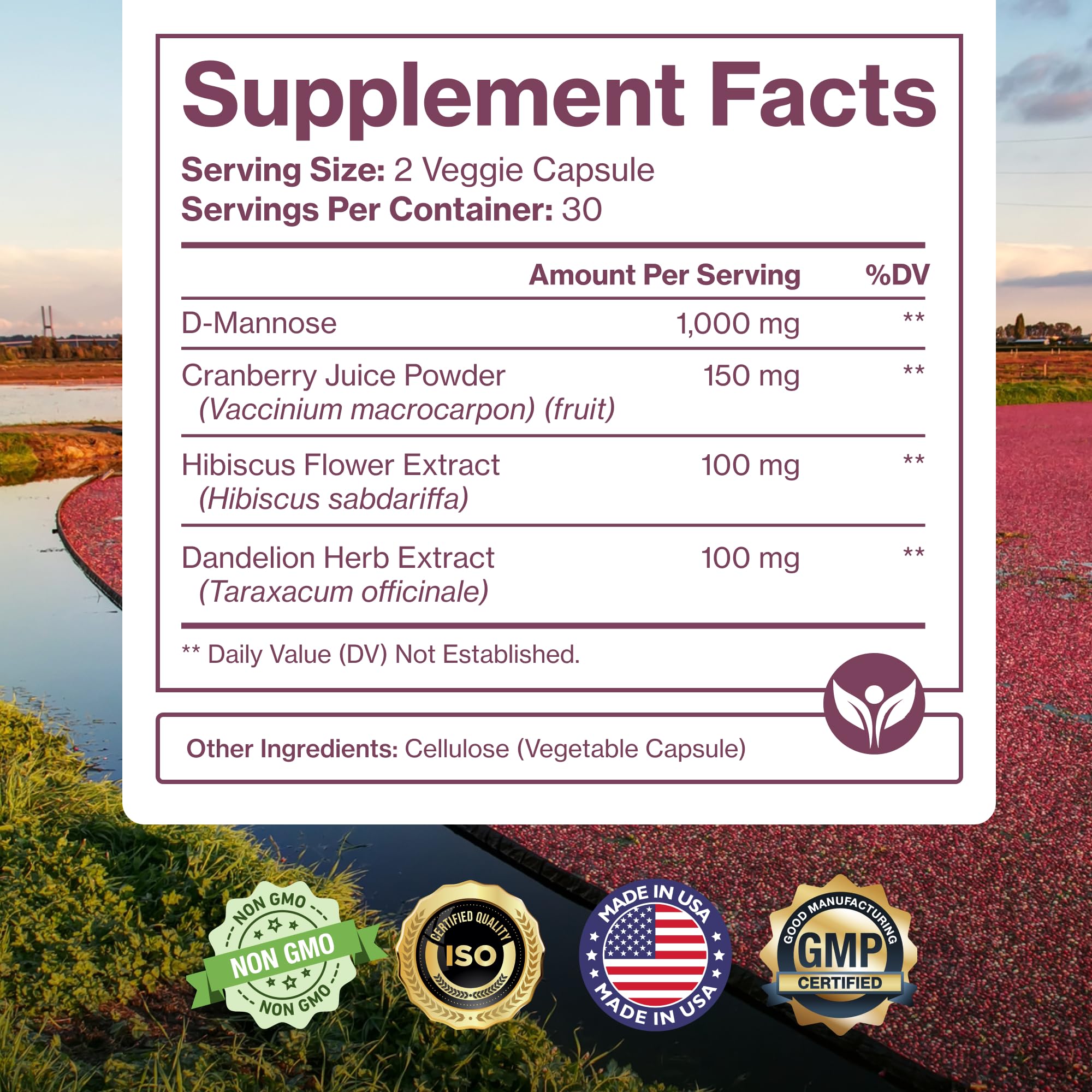 Pure Micronutrients label page detailing D-Mannose with cranberry and hibiscus ingredients.
