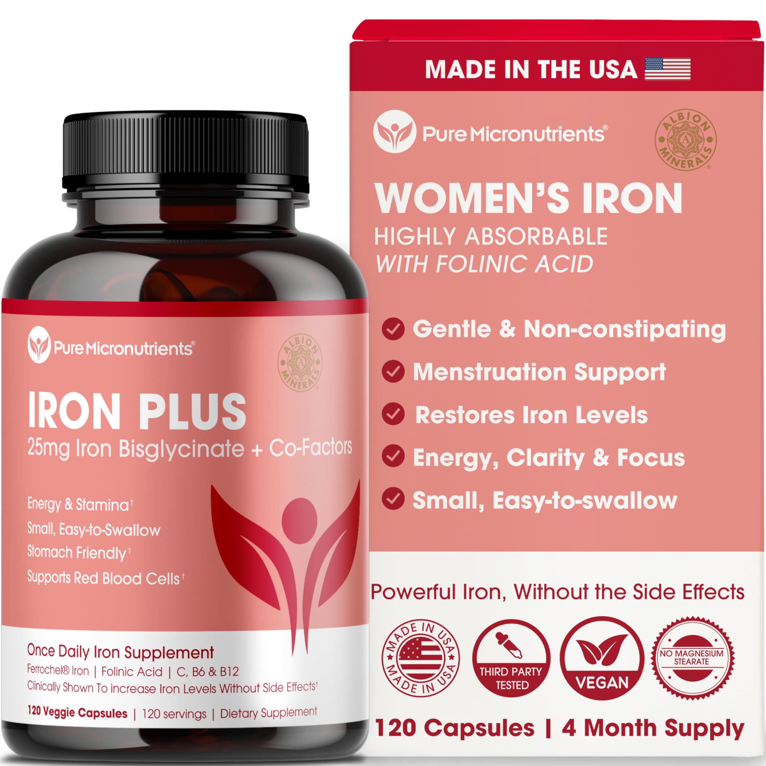 Pure Micronutrients Iron bottle front – gentle iron bisglycinate for sensitive stomachs.