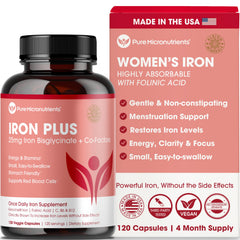 Pure Micronutrients Iron bottle front – gentle iron bisglycinate for sensitive stomachs.