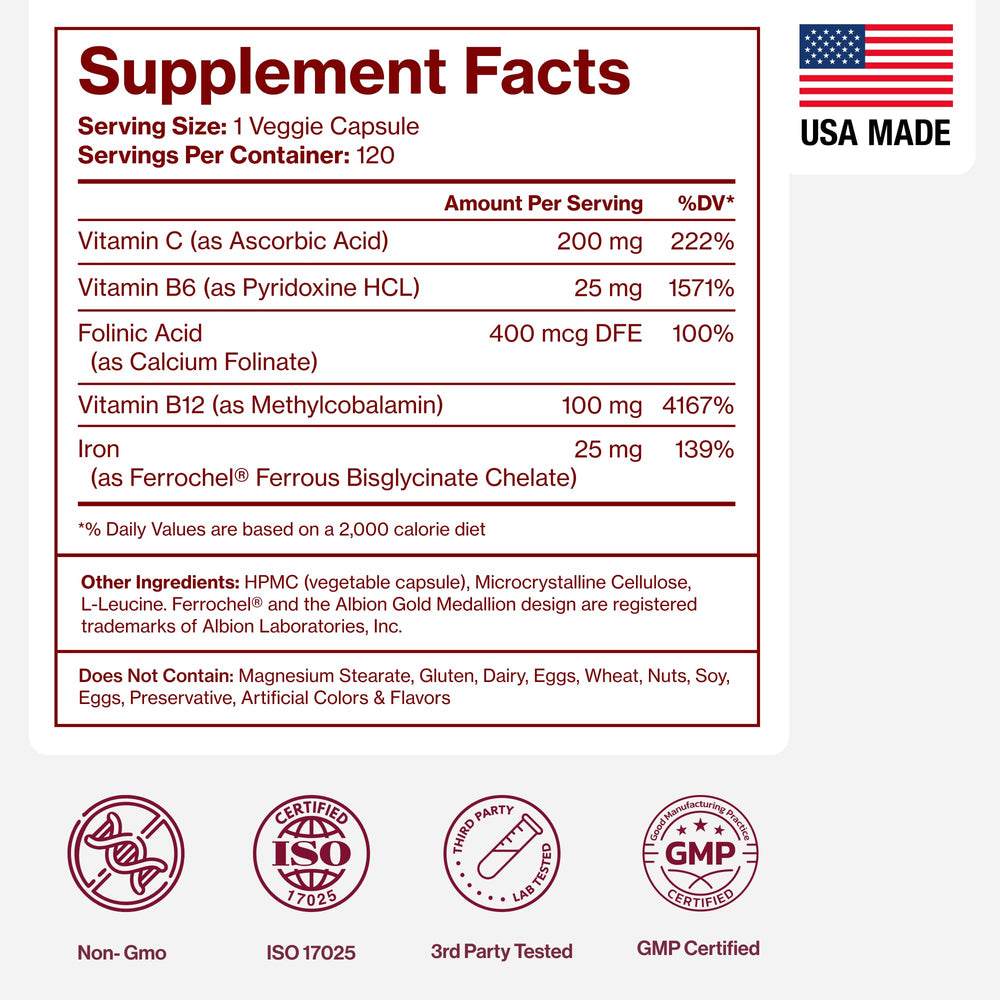 Pure Micronutrients Iron bottle resting on table in warm light.