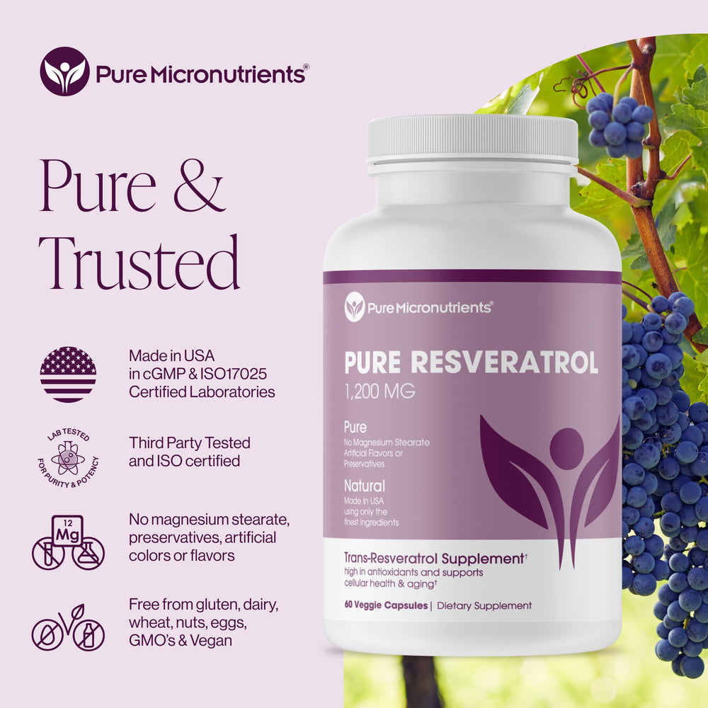Close-up of Pure Resveratrol bottle and capsules for heart and cognitive support