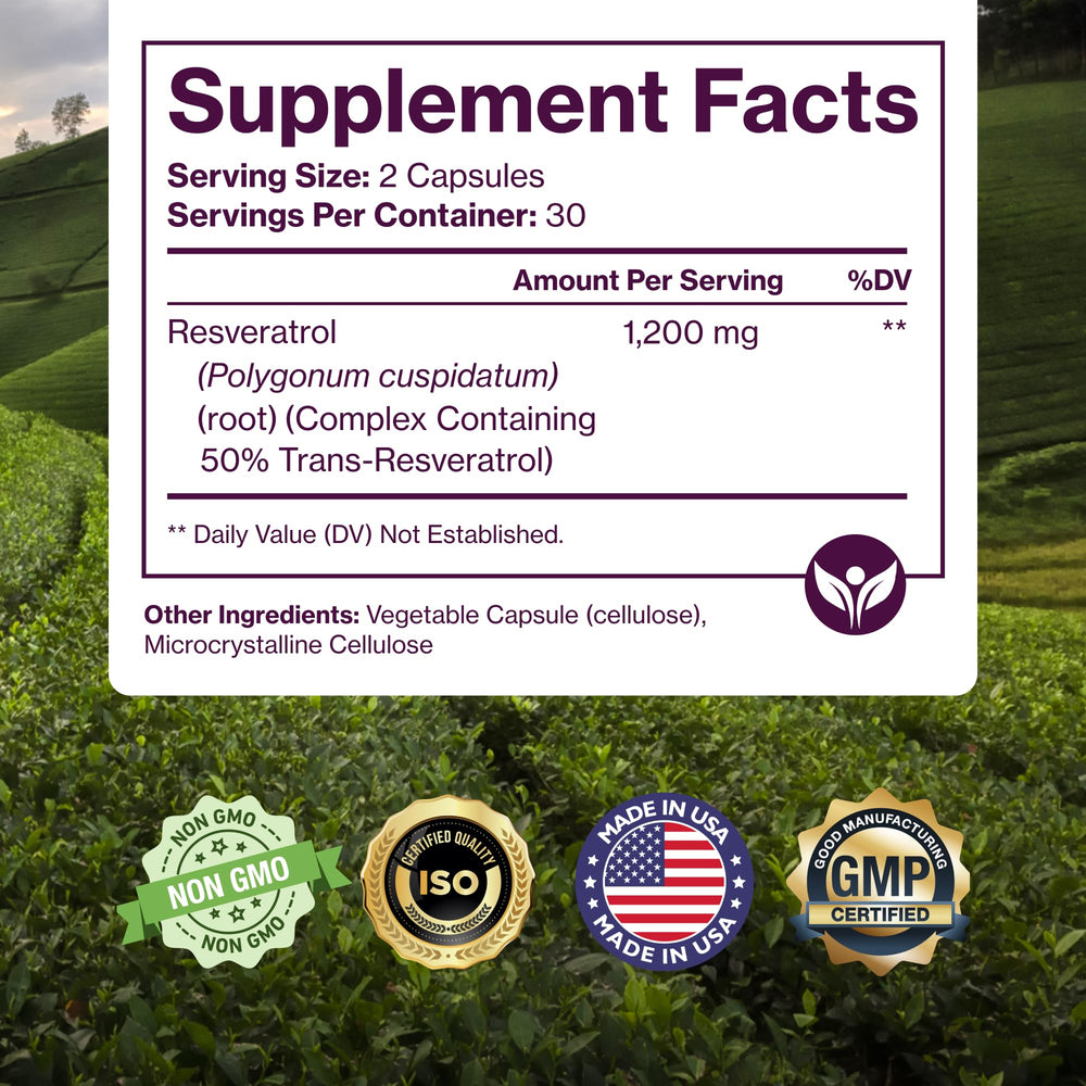 Third-party testing certificate beside Pure Resveratrol for purity