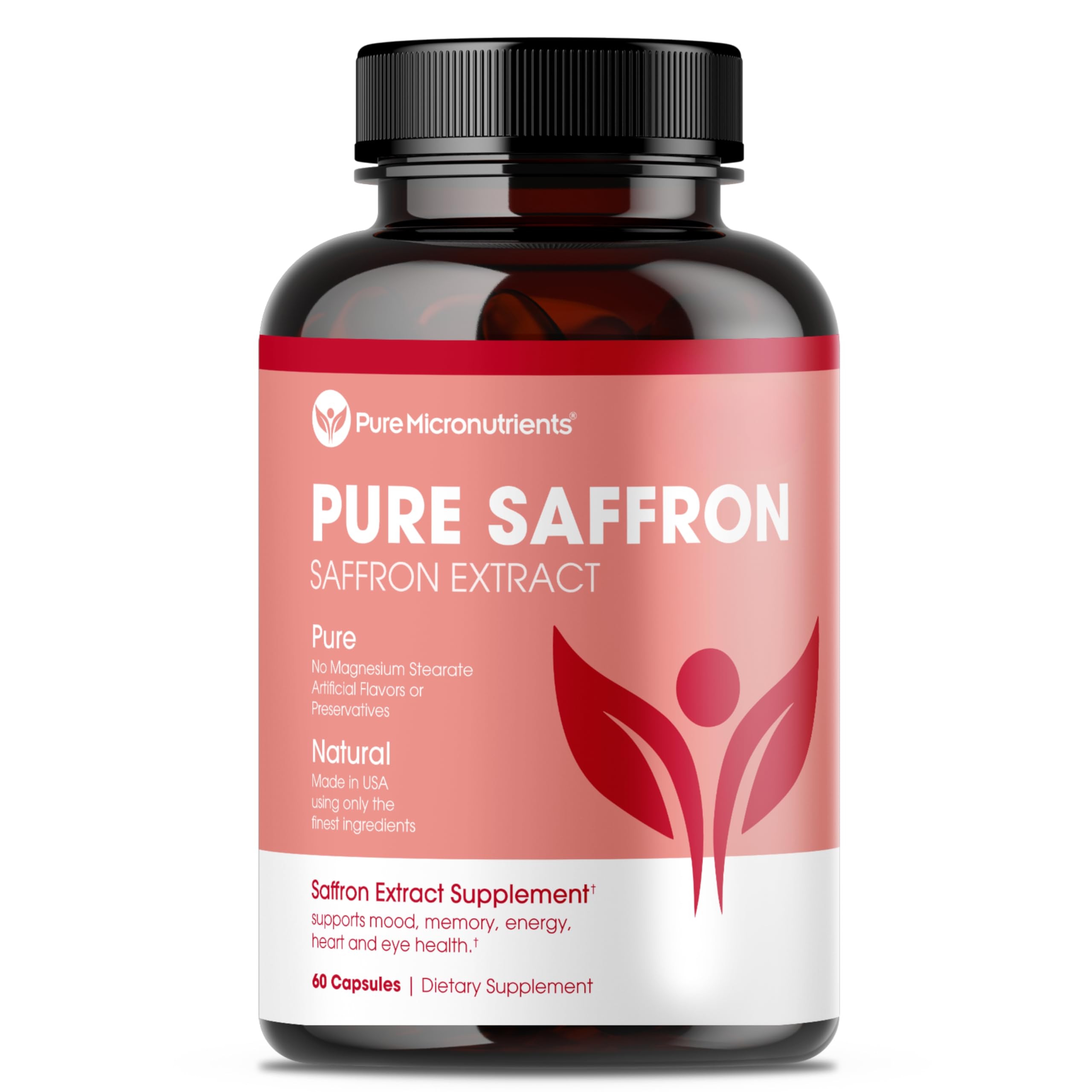 Pure Micronutrients saffron extract capsules bottle showcases branding for daily energy support.