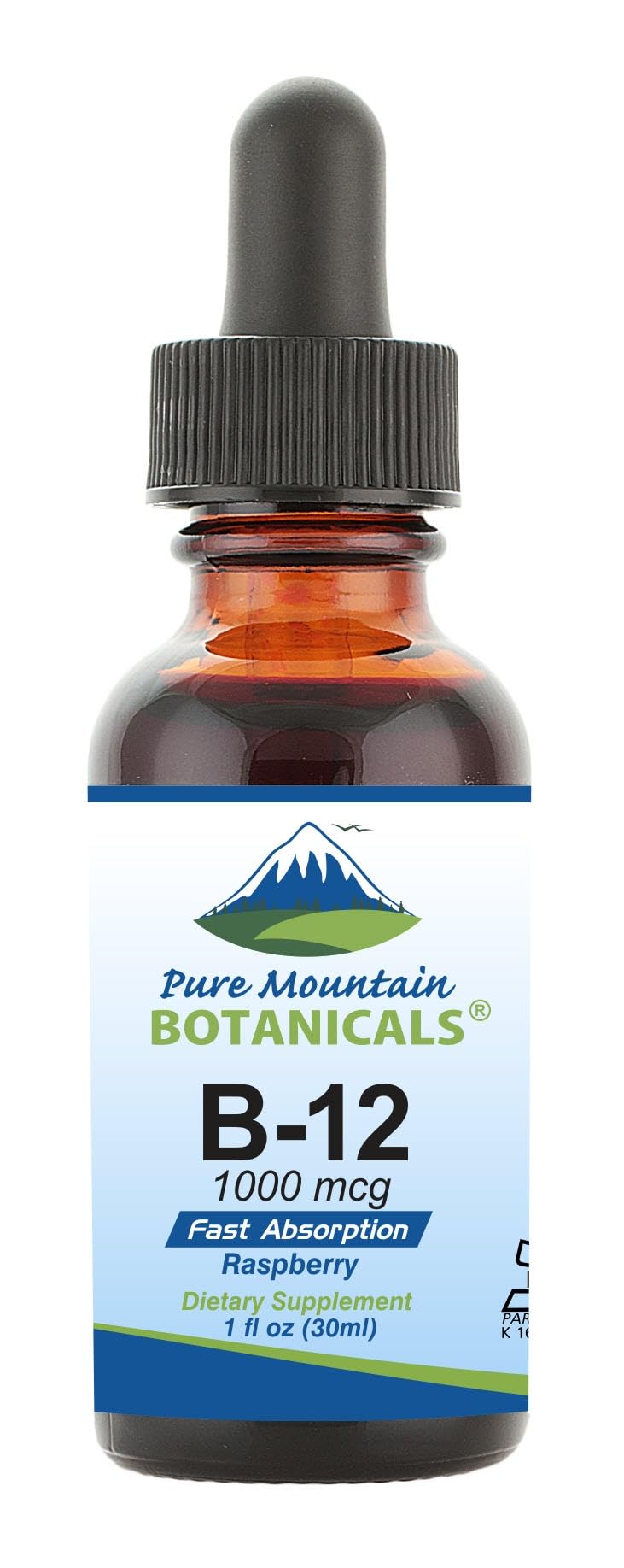 Pure Mountain Botanicals B12 drops bottle close-up showing compact, berry-flavored energy support.