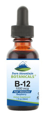 Pure Mountain Botanicals B12 drops bottle close-up showing compact, berry-flavored energy support.