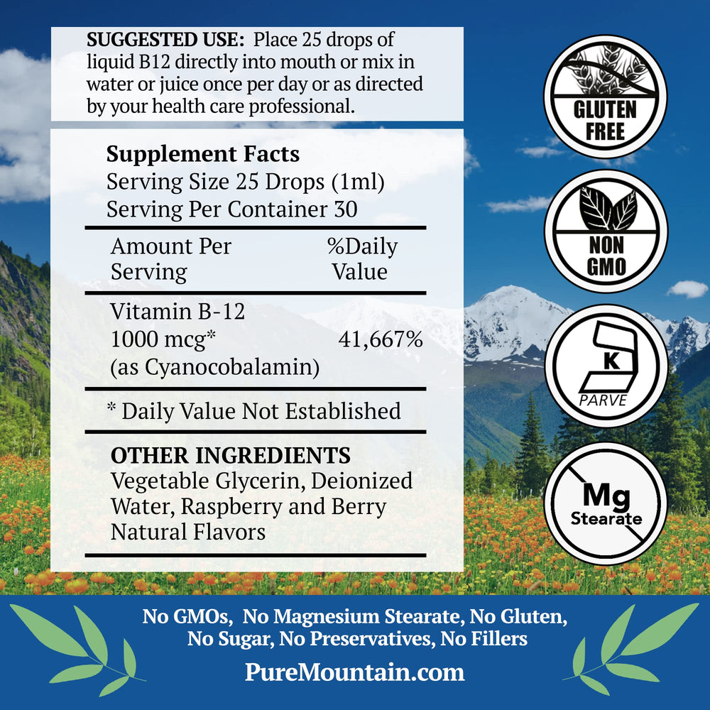 Pure Mountain Botanicals B12 drops pouring into a glass for easy daily use.