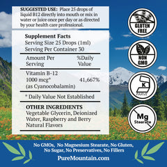 Pure Mountain Botanicals B12 drops pouring into a glass for easy daily use.