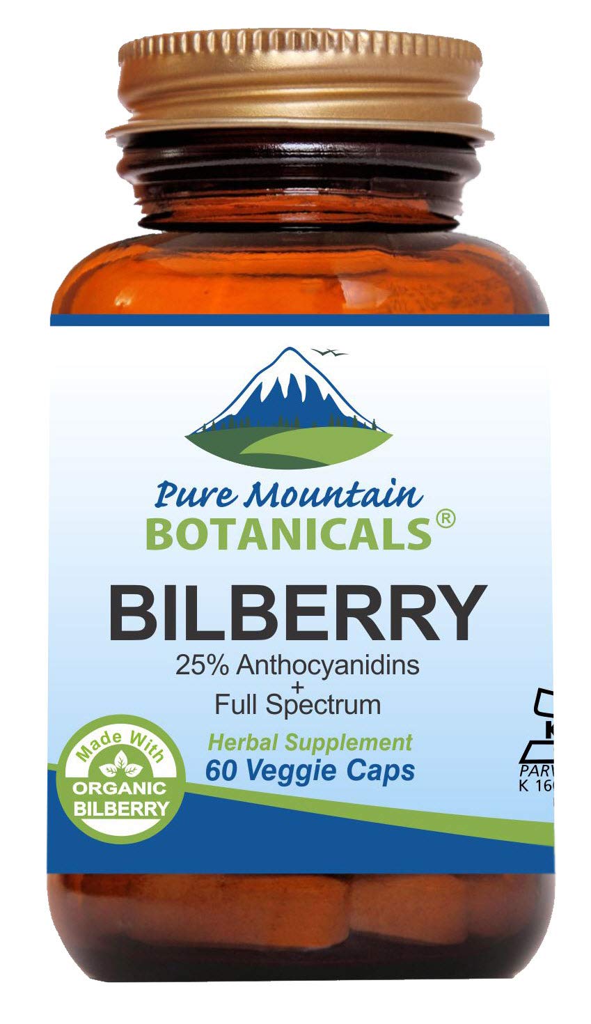 Pure Mountain Botanicals bilberry capsules bottle for daily wellness routine.