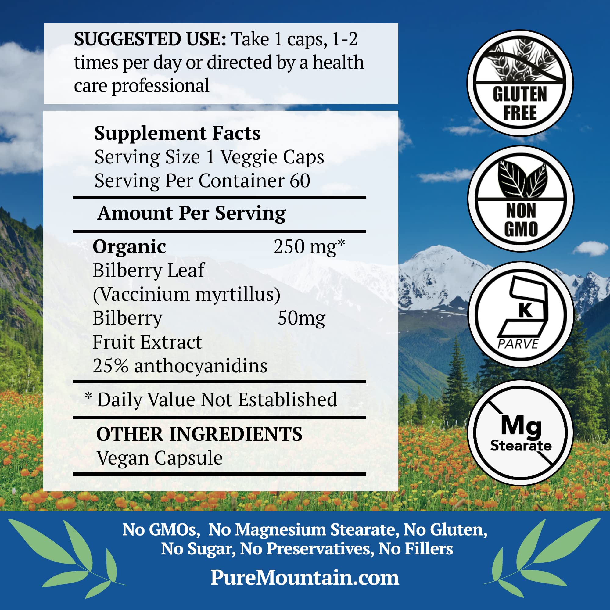 Pure Mountain Botanicals bilberry capsules being poured for easy daily dosing.