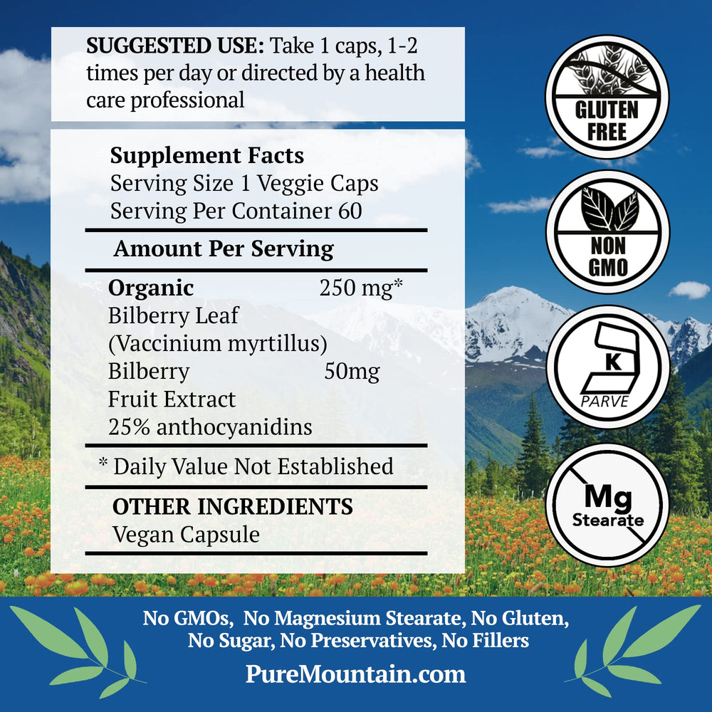 Pure Mountain Botanicals bilberry capsules being poured for easy daily dosing.