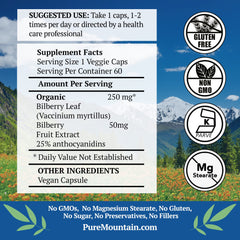 Pure Mountain Botanicals bilberry capsules being poured for easy daily dosing.