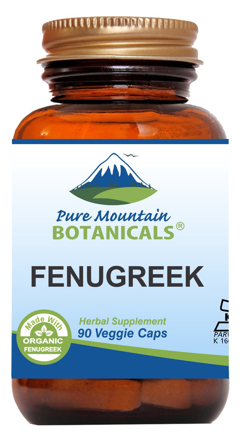 Pure Mountain Botanicals fenugreek capsules bottle front showing organic ingredients