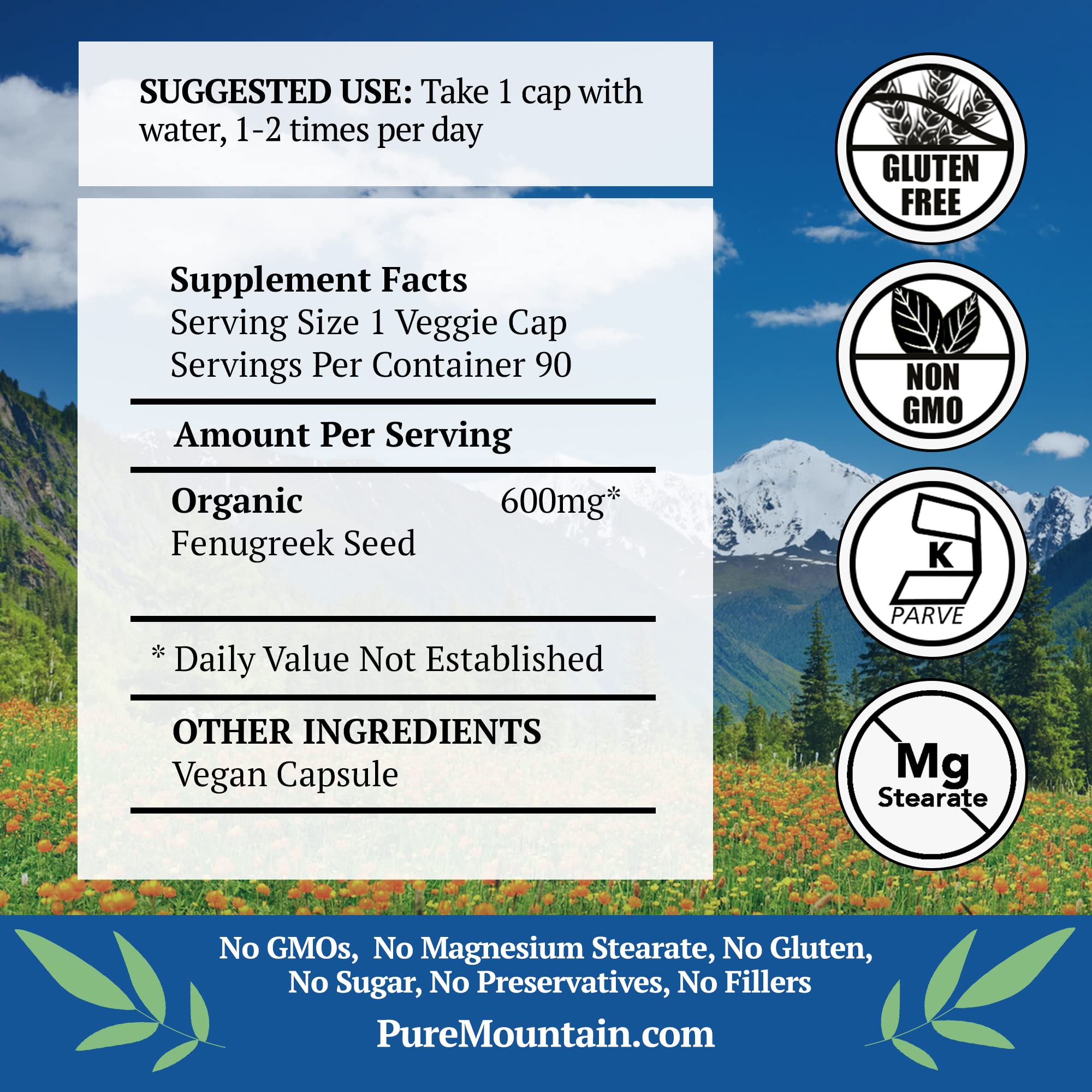 Pure Mountain Botanicals fenugreek capsules label side highlighting kosher vegan quality