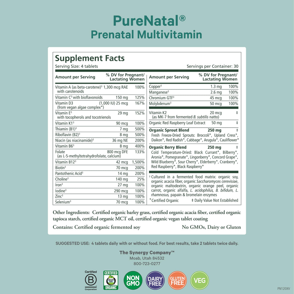 PureNatal Prenatal tablets close-up highlighting fermented vitamins and methylated folate