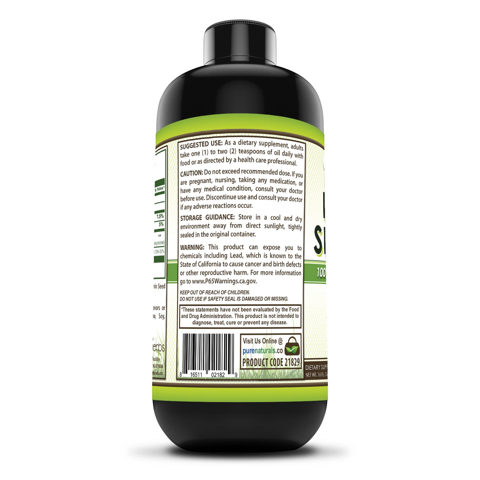 Pure Naturals Black Seed Oil label close-up showing GMP and Non-GMO certification.