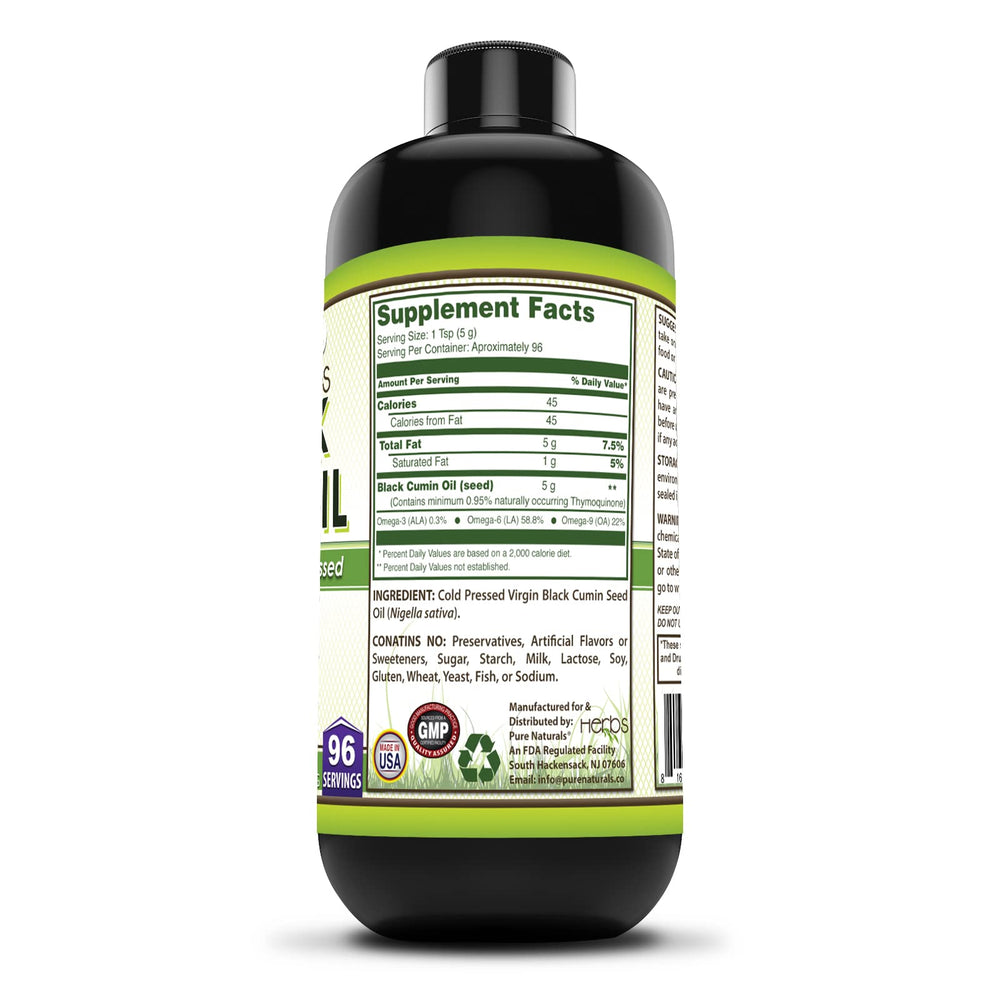 Pure Naturals Black Seed Oil pour reveals rich golden oil texture.
