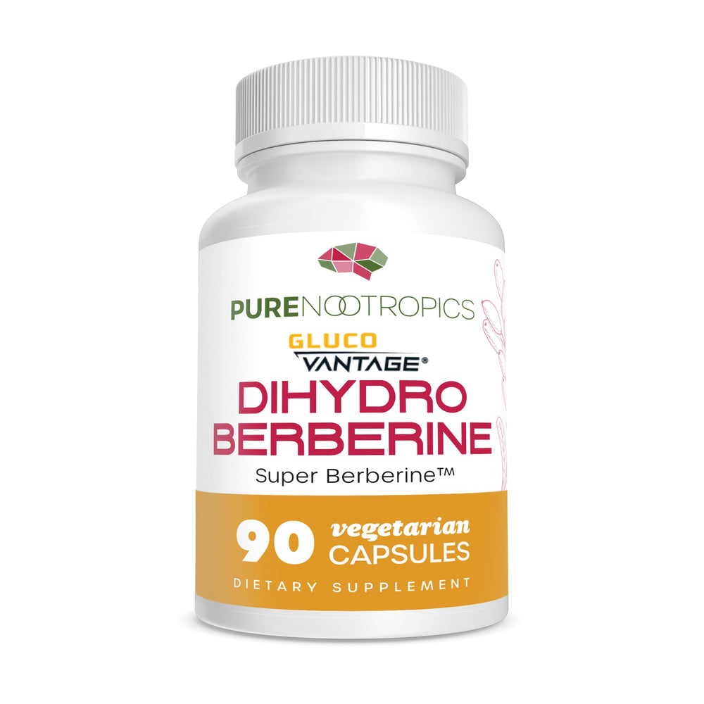 Pure Nootropics Dihydroberberine bottle highlighting GlucoVantage for potential improved absorption.