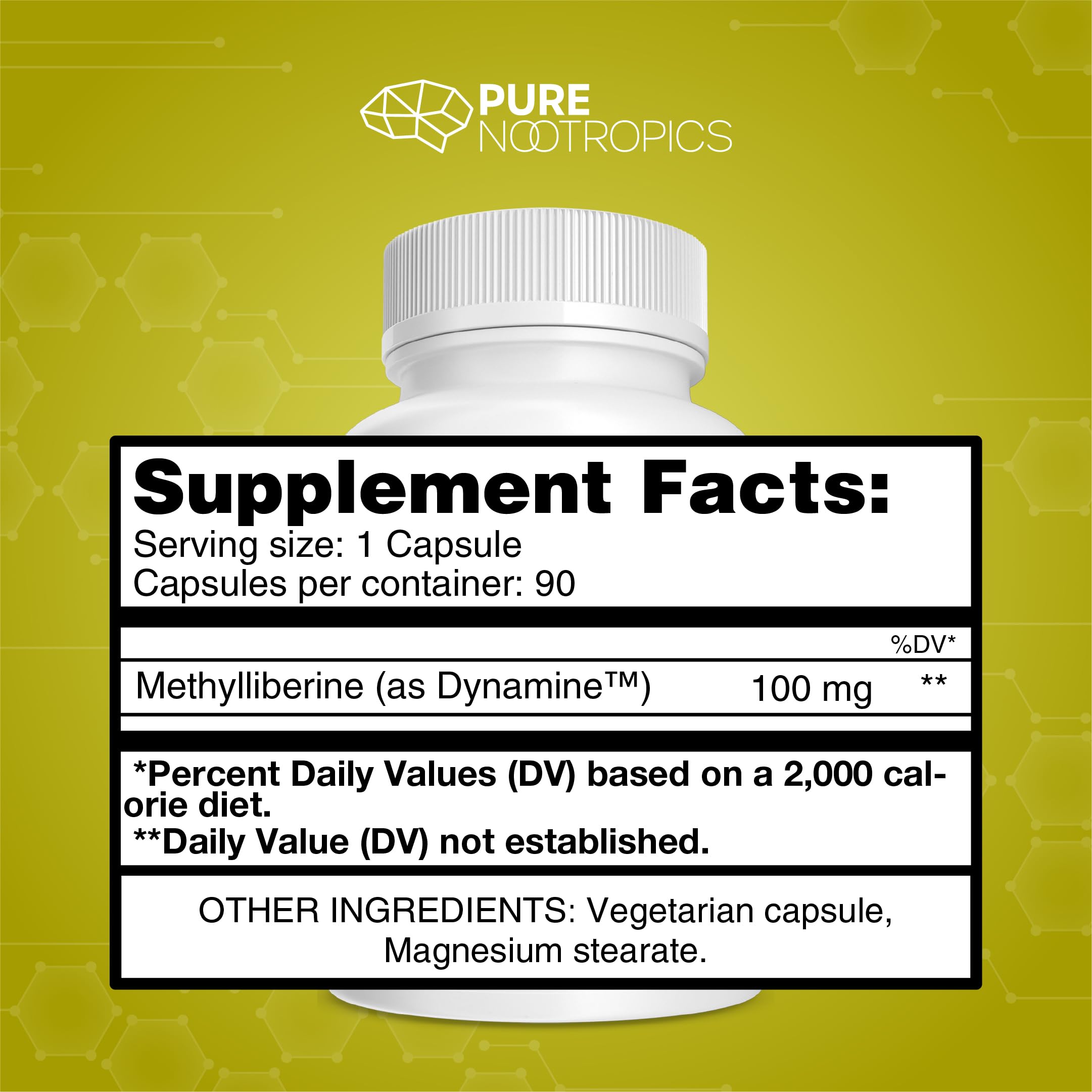 Pure Nootropics Dynamine bottle on desk for fast-acting energy
