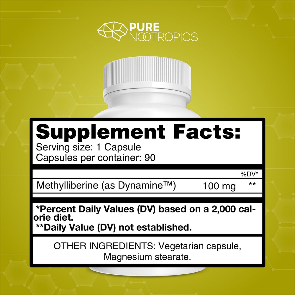 Pure Nootropics Dynamine bottle on desk for fast-acting energy