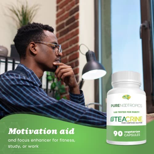 Pure Nootropics Theacrine packaging in lifestyle setup suggesting focused productivity