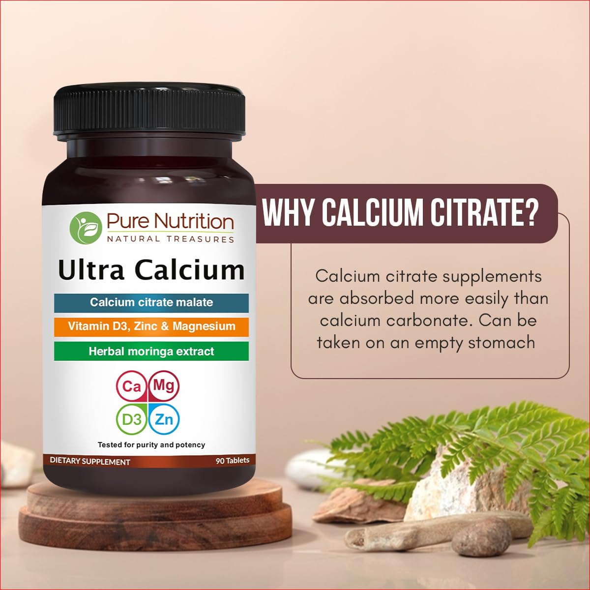 Pure Nutrition Ultra Calcium bottle highlights D3 and K2 ingredient icons