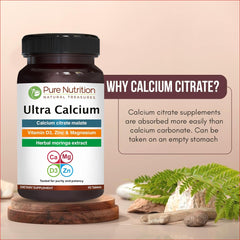 Pure Nutrition Ultra Calcium bottle highlights D3 and K2 ingredient icons