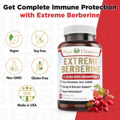 Pure Organic Elements Extreme Berberine Plus herbal blend communicates antioxidants supporting defenses.