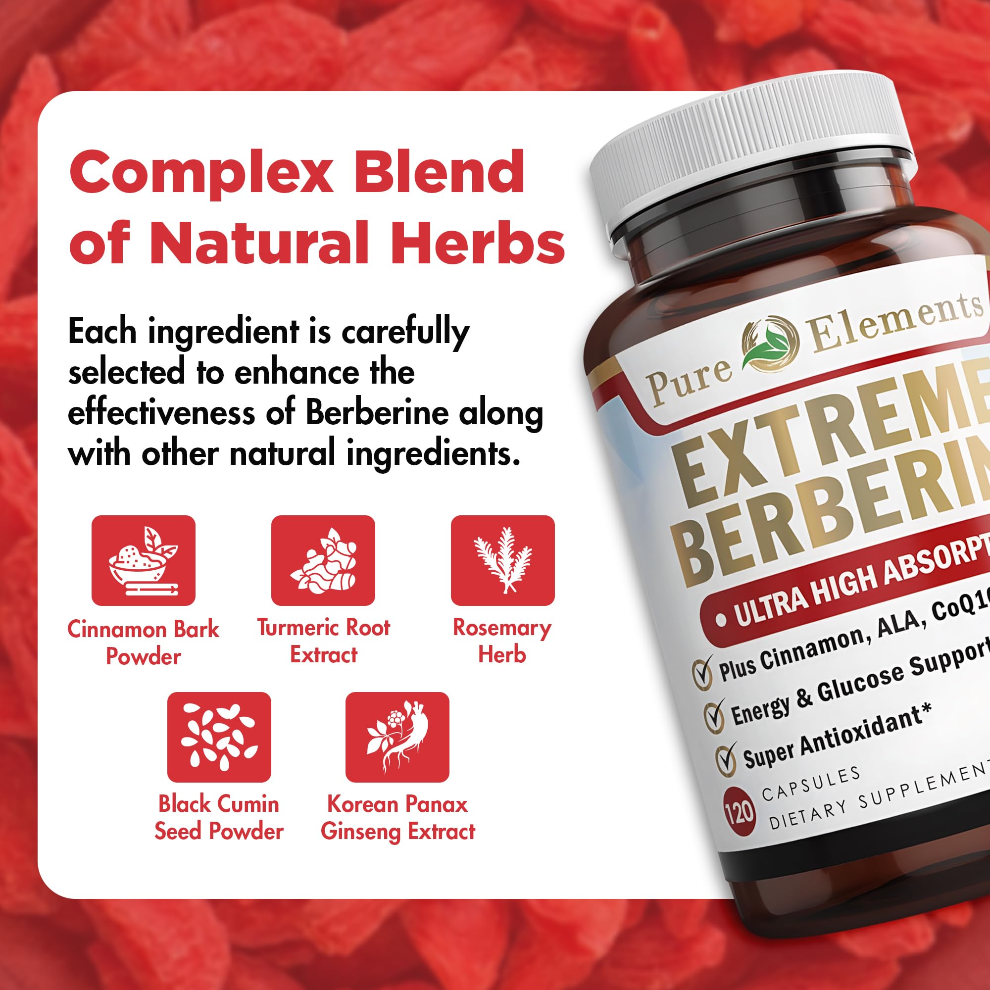 Pure Organic Elements Extreme Berberine Plus label showcases turmeric and cinnamon for immune and digestion synergy.