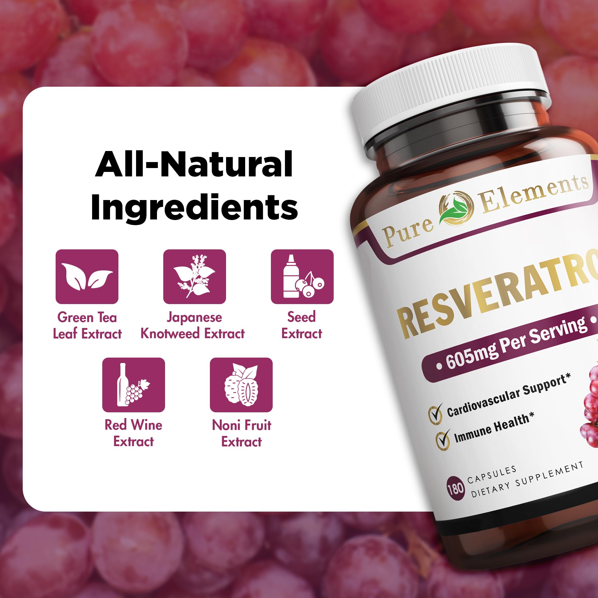Pure Organic Elements Resveratrol bottle label featuring grape seed extract.