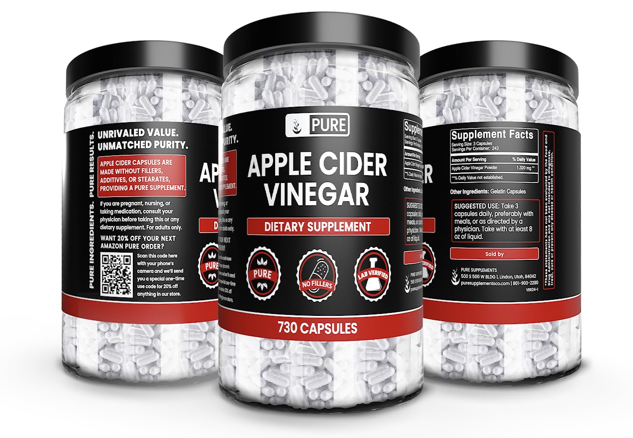 Pure Original Ingredients Apple Cider Vinegar capsules on table ready to take.