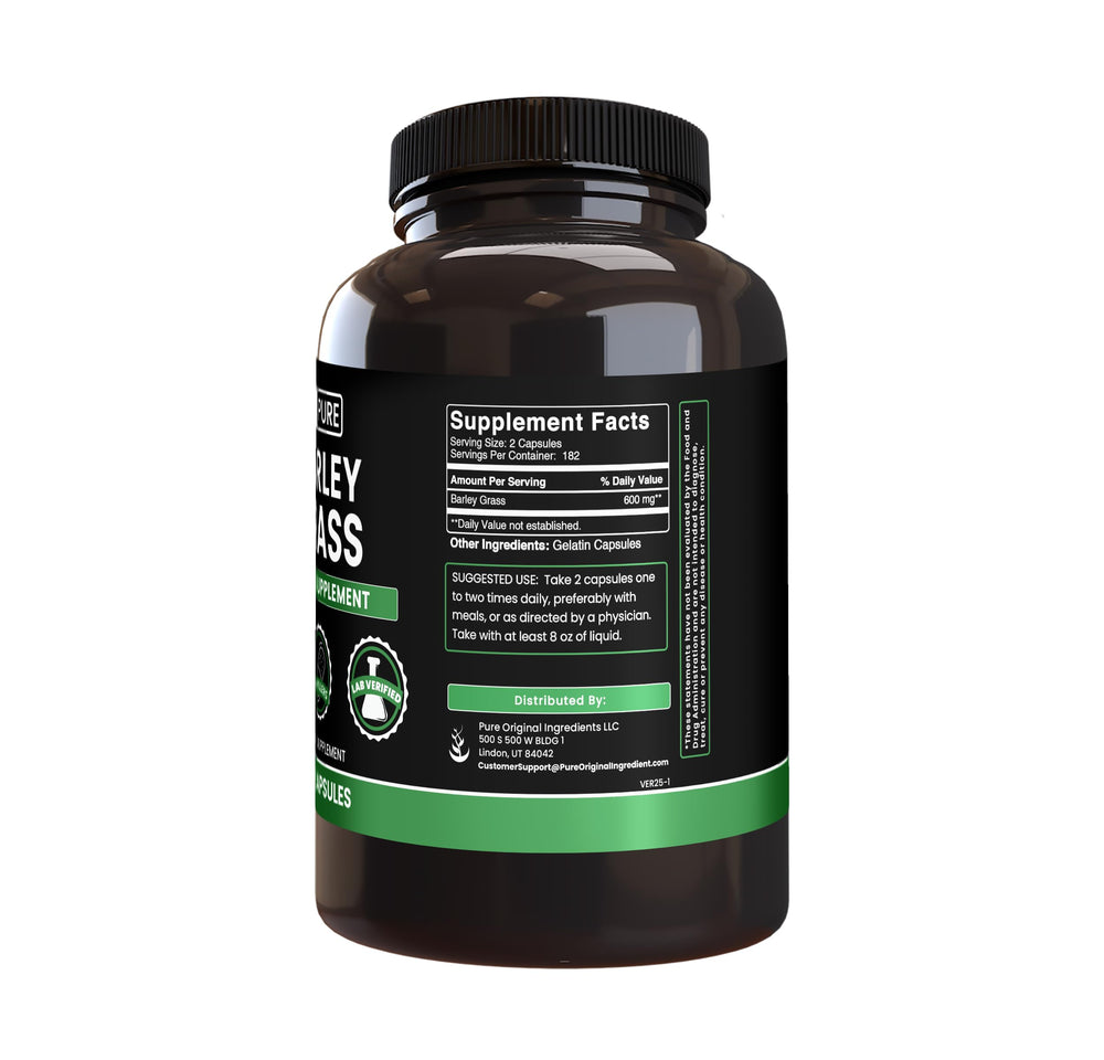 Close-up of Pure Original Ingredients barley grass capsules highlighting purity and single-ingredient formula.