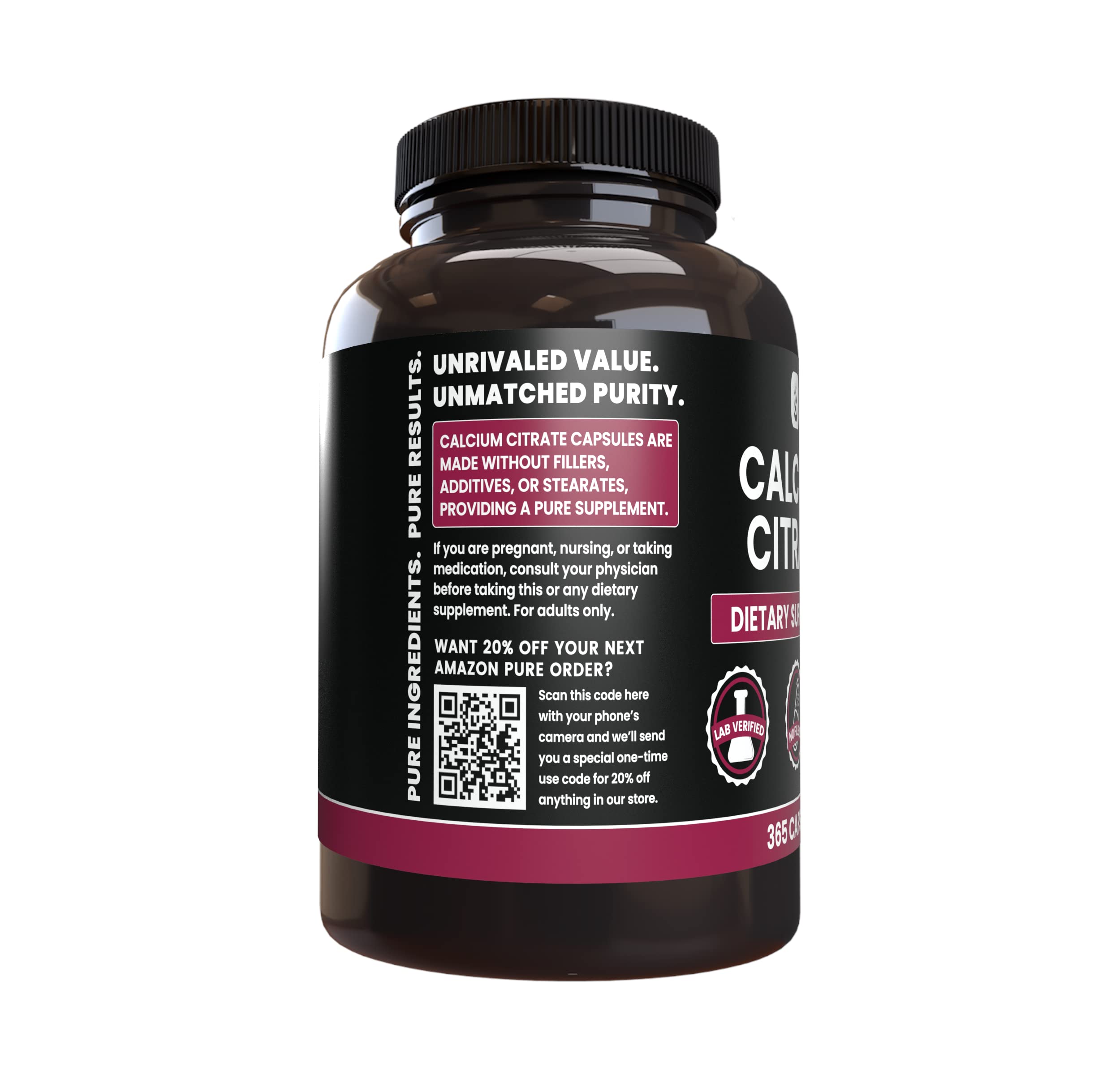 Pure Original Calcium Citrate capsules close-up, single-ingredient supplement