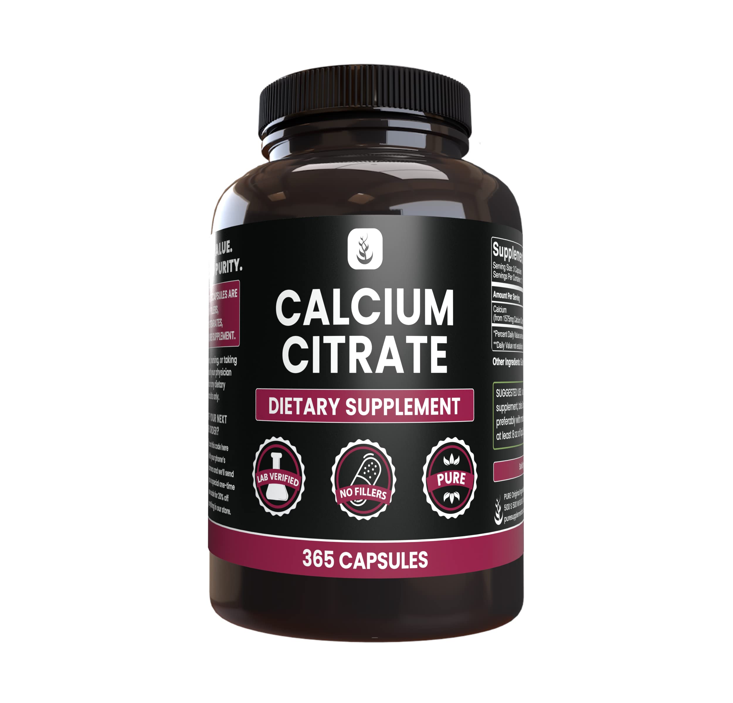Pure Original Ingredients Calcium Citrate capsules front view, pure formula for daily calcium support